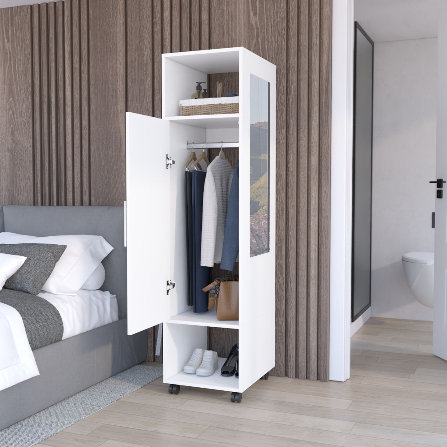 Cluster 63" Tall Wardrove One-Door Cabinet with Mirror, Three Shelves, Casters and Hanging Rod, Armoire, Bedroom Clothes Storage, Cabinet Organizer