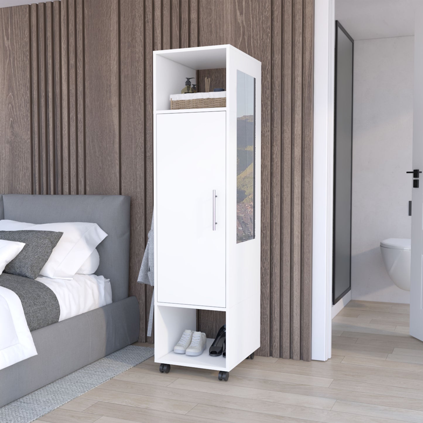 Cluster 63" Tall Wardrove One-Door Cabinet with Mirror, Three Shelves, Casters and Hanging Rod, Armoire, Bedroom Clothes Storage, Cabinet Organizer