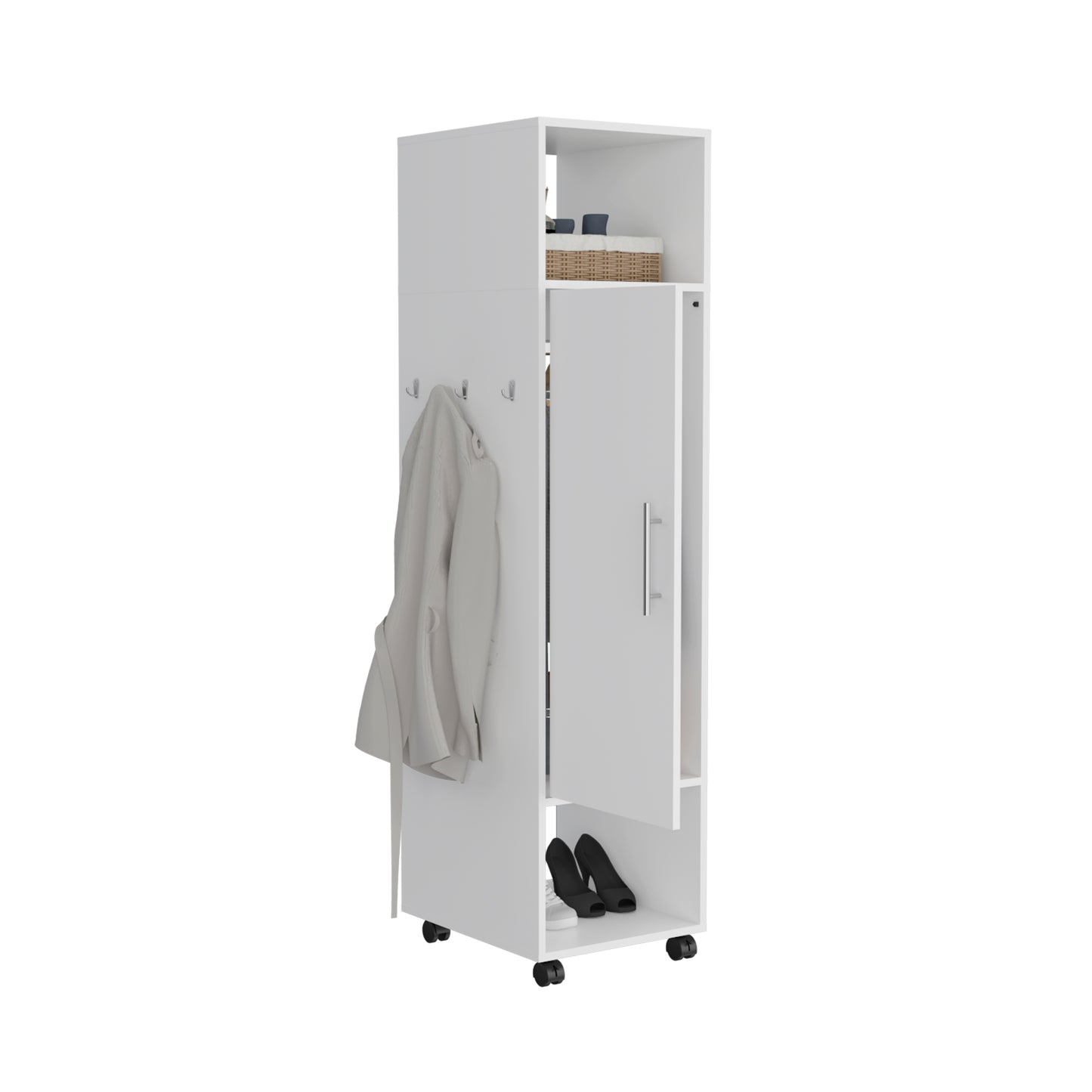 Cluster 63" Tall Wardrove One-Door Cabinet with Mirror, Three Shelves, Casters and Hanging Rod, Armoire, Bedroom Clothes Storage, Cabinet Organizer
