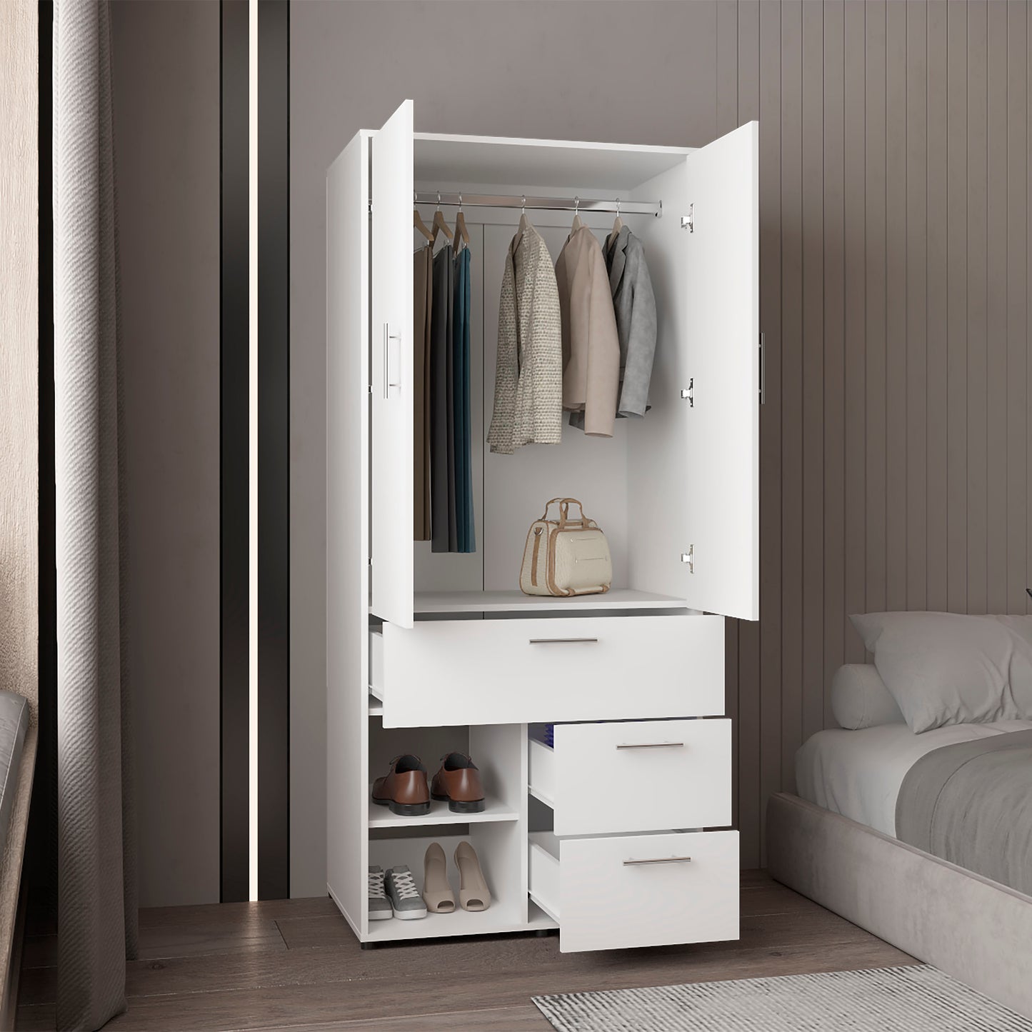 Alpine Armoire With Double Doors, Hanging Rod And Interior Shelves, Freestanding Modern Wardrobe Closet