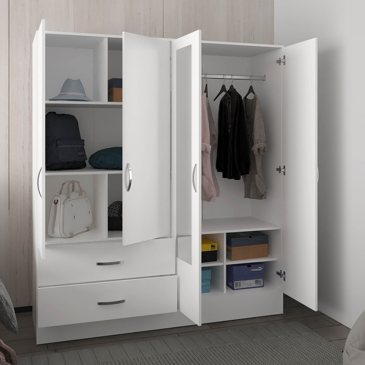 Bolton 160 Armoire, Six Shelves, Two Double Door Cabinets, Two Mirrors, Two Drawers, Rod