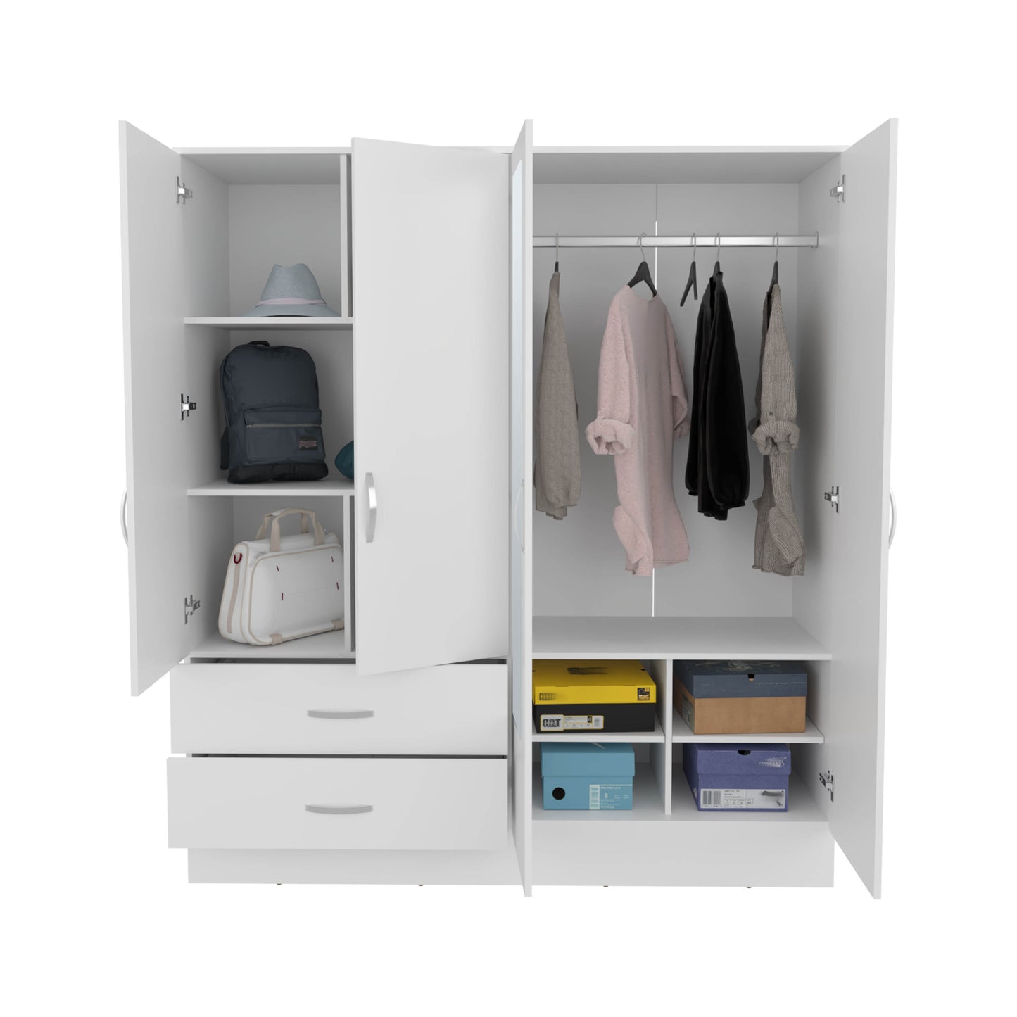Bolton 160 Armoire, Six Shelves, Two Double Door Cabinets, Two Mirrors, Two Drawers, Rod