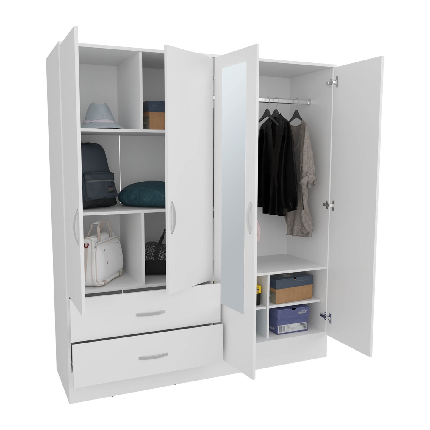 Bolton 160 Armoire, Six Shelves, Two Double Door Cabinets, Two Mirrors, Two Drawers, Rod