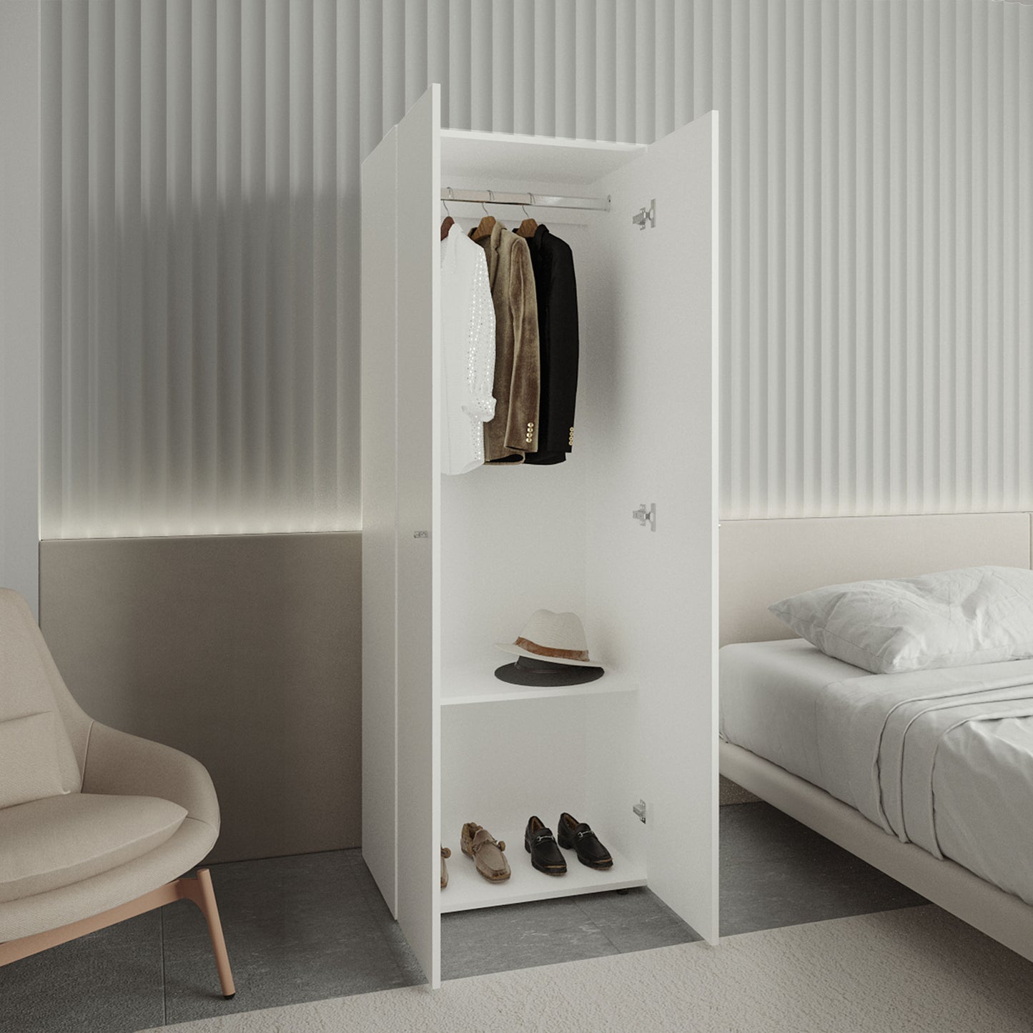 Home 2 Doors Closet System Armoire, Hanging Rod and Storage Shelf, Modern Armoire for Bedroom Organization Storage