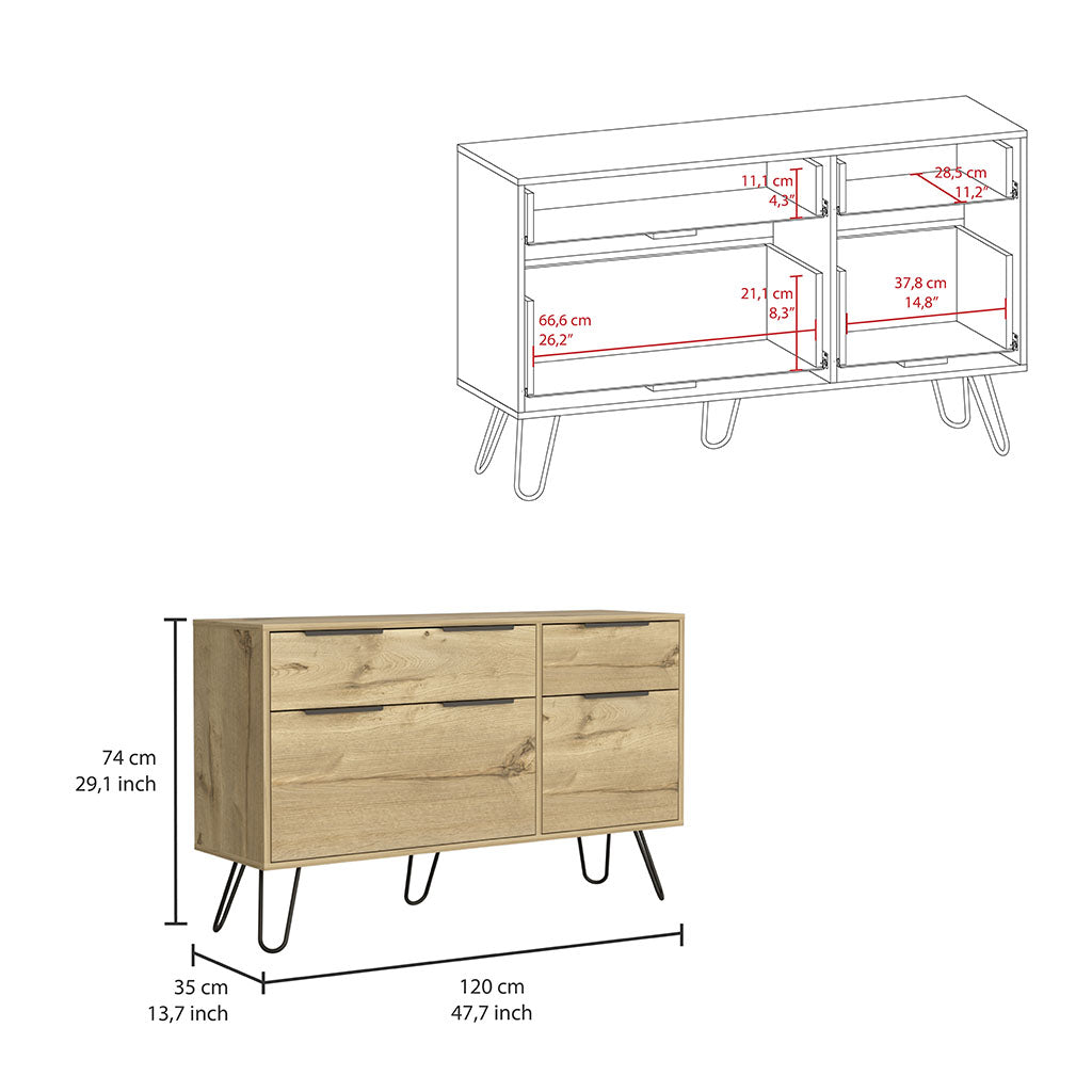 Augusta Double Dresser, Superior Top, Hairpin Legs, Four Drawers