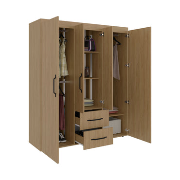 Bariloche Wardrobe with Multi-Section Storage, Three Hanging Rods, Central Open Shelving Area, Two Smooth-Glide Drawers, Metal Handles and Spacious Organization