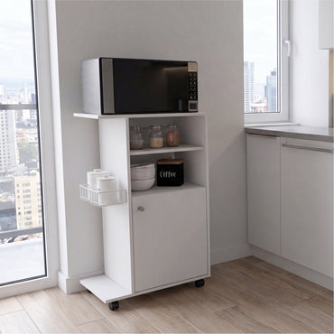 Clip Kitchen Cart with Spacious Countertop, Single-Door Storage Cabinet, Additional Rack Shelf and Smooth-Rolling Four Casters for Mobile Organization, Microwave Support