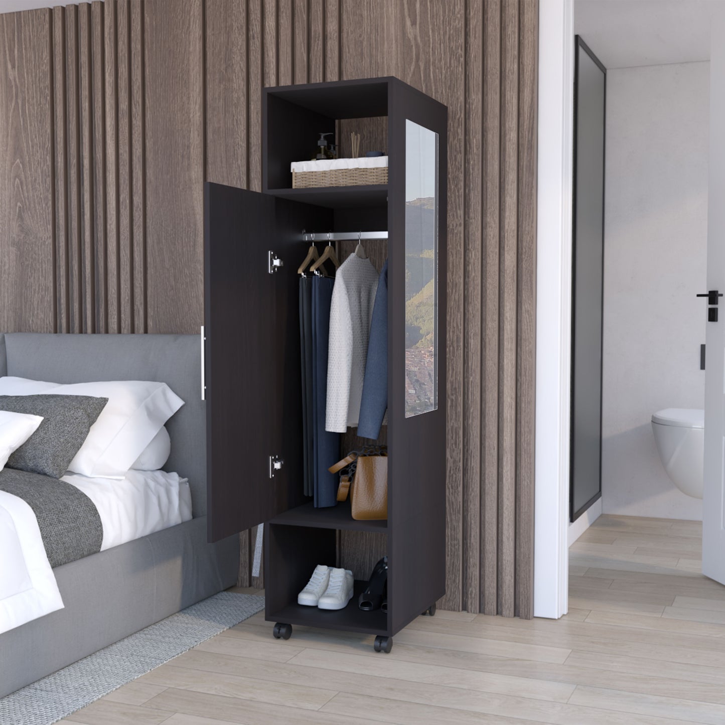 Cluster 63" Tall Wardrove One-Door Cabinet with Mirror, Three Shelves, Casters and Hanging Rod, Armoire, Bedroom Clothes Storage, Cabinet Organizer