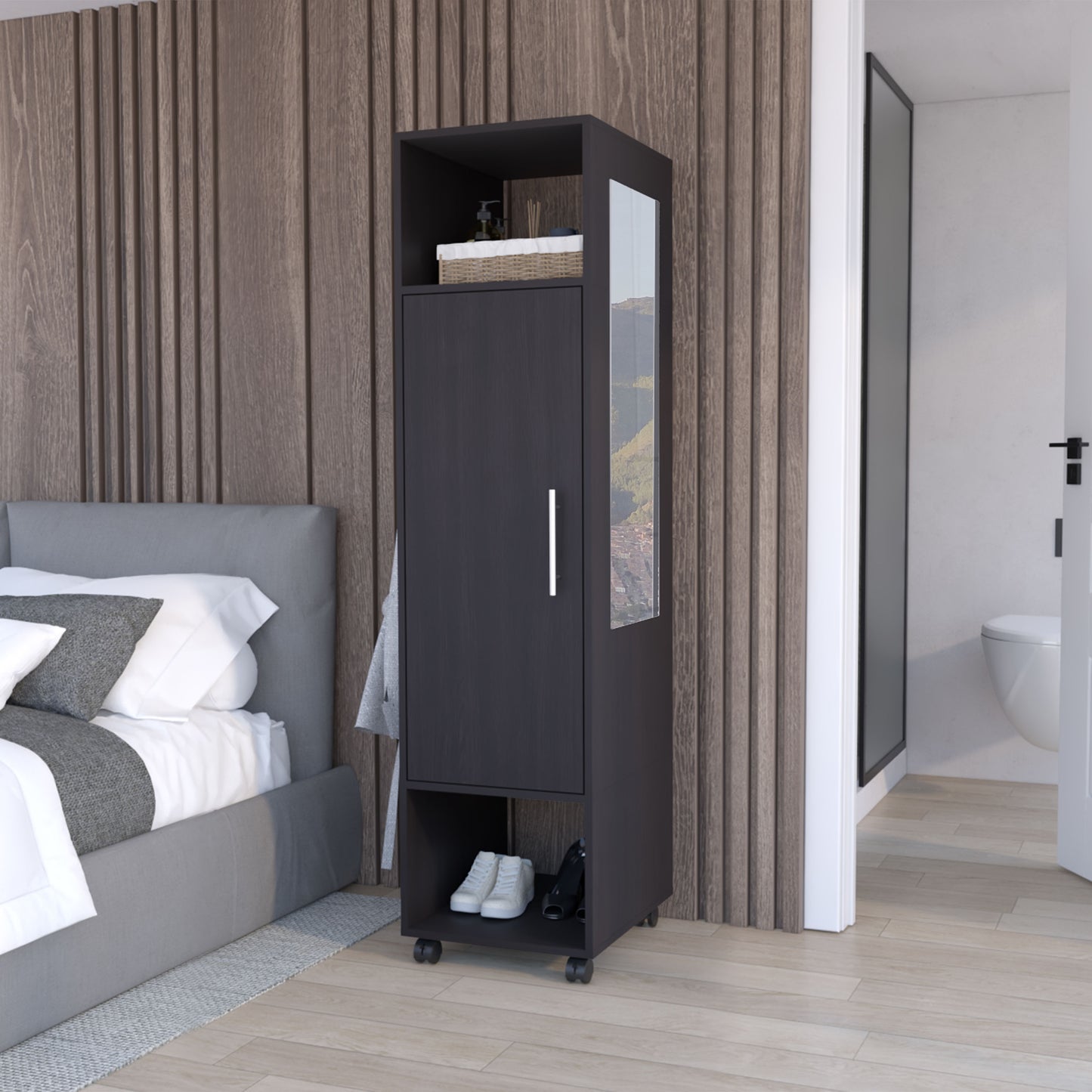 Cluster 63" Tall Wardrove One-Door Cabinet with Mirror, Three Shelves, Casters and Hanging Rod, Armoire, Bedroom Clothes Storage, Cabinet Organizer