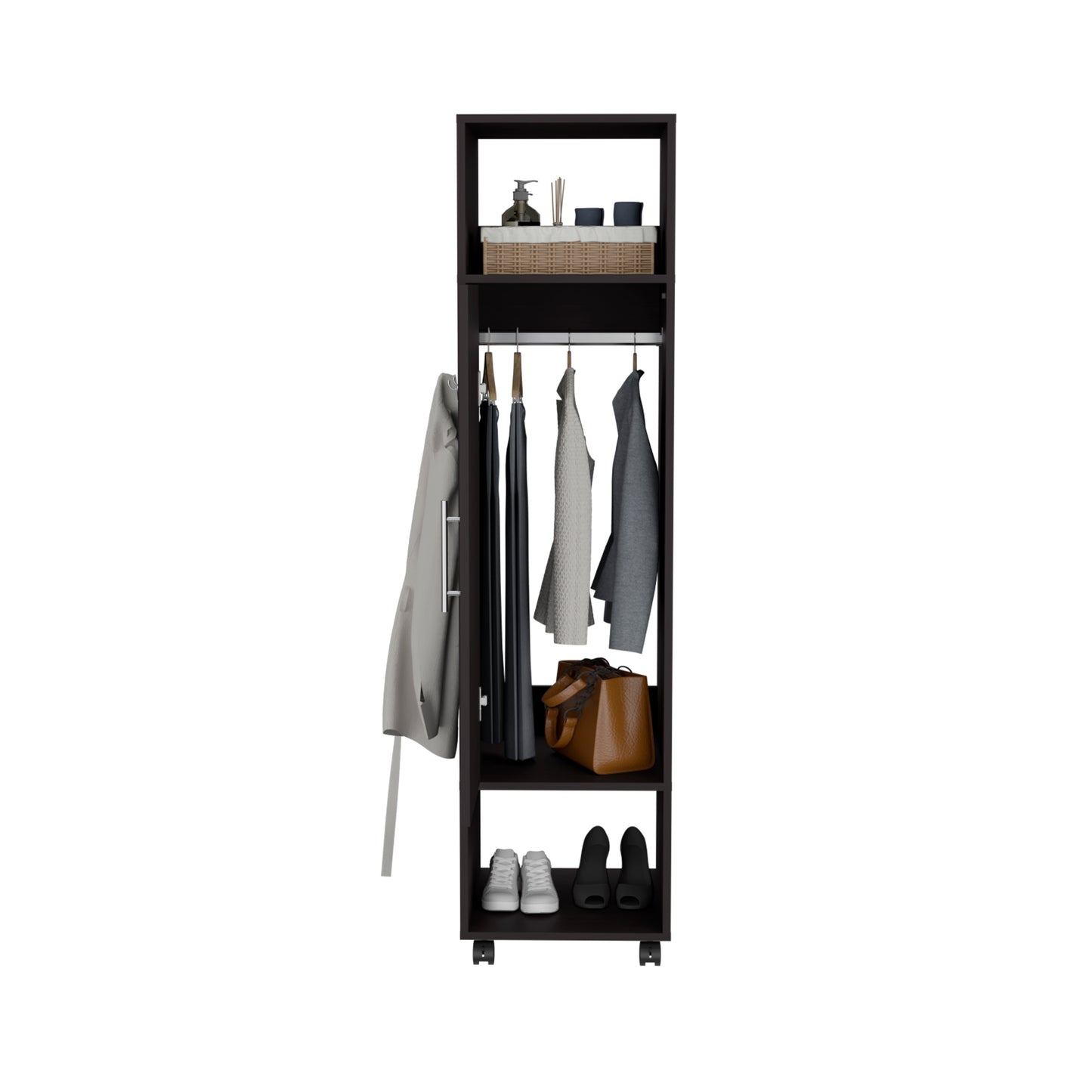 Cluster 63" Tall Wardrove One-Door Cabinet with Mirror, Three Shelves, Casters and Hanging Rod, Armoire, Bedroom Clothes Storage, Cabinet Organizer