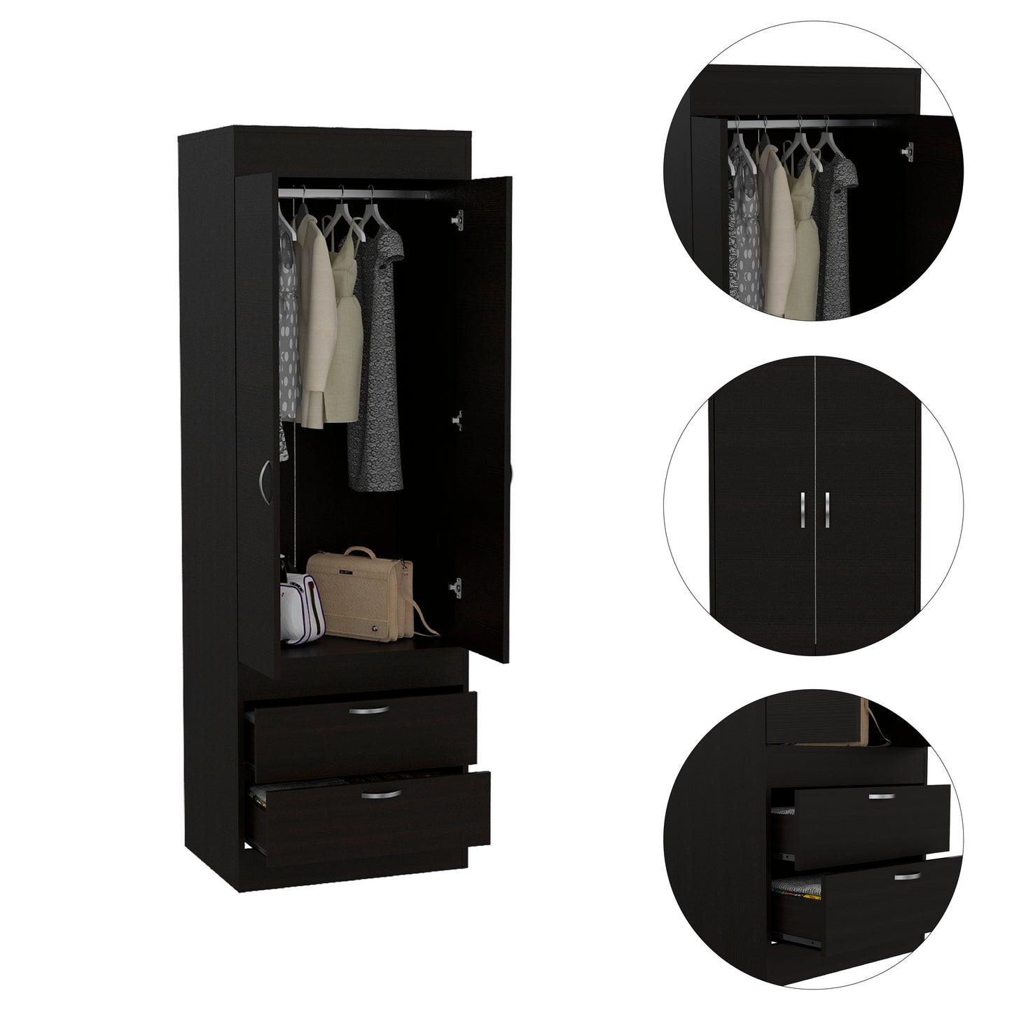 Simone Armoire, Rod, Double Door, Two Drawers, Metal Handles