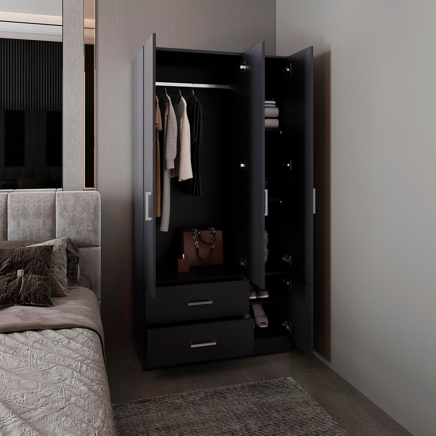 Sebree 71" High Armoire Wardrove Closet with 2 Drawers, Four Doors , Three Cabinet , Six Shelves and Hanging Rod, Bedroom Clothes Storage Cabinet Organizer