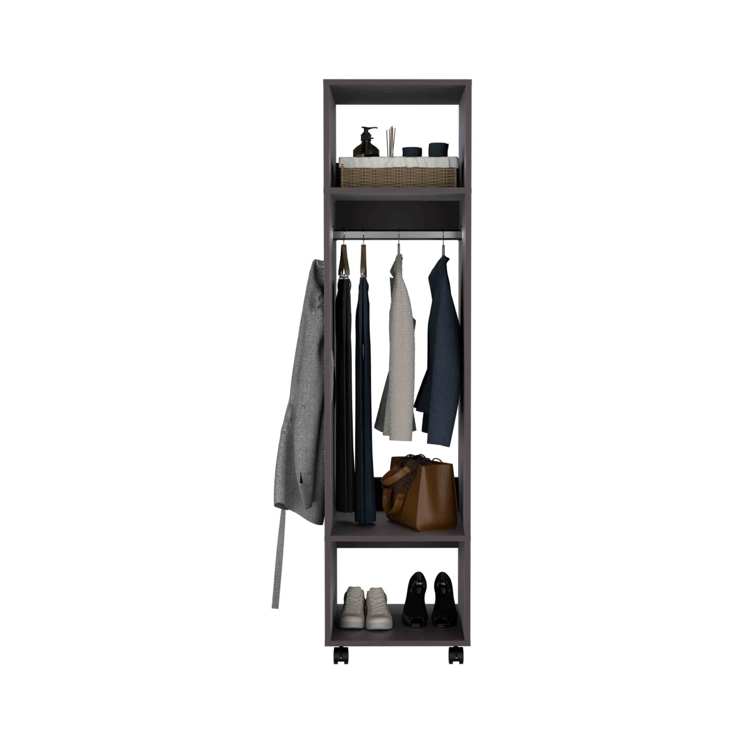 Cluster 63" Tall Wardrove with Mirror, Three Shelves, Casters and Hanging Rod, Armoire, Bedroom Clothes Storage, Cabinet Organizer