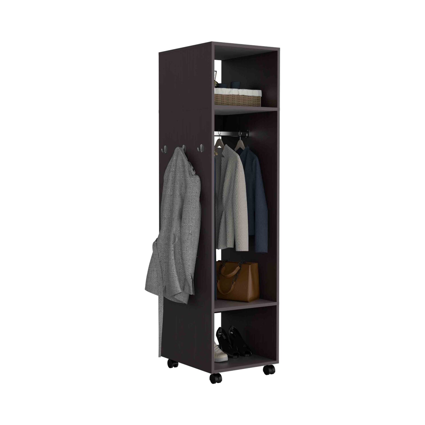 Cluster 63" Tall Wardrove with Mirror, Three Shelves, Casters and Hanging Rod, Armoire, Bedroom Clothes Storage, Cabinet Organizer