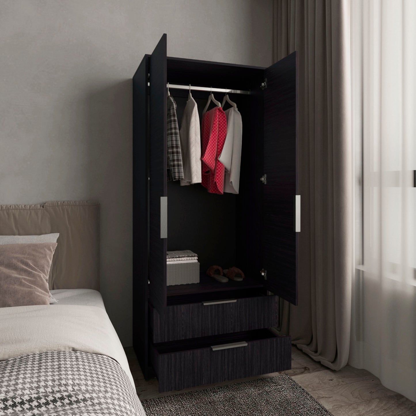 Wenden Armoire Double Doors, Two Drawers, Hanging Rod An Interior Shleves, Wardrobe
