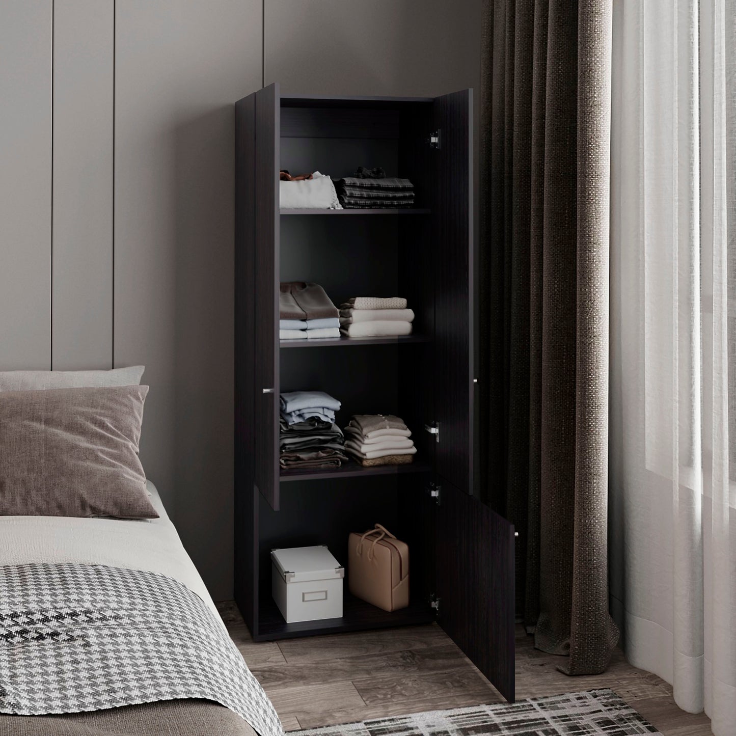 Home 3 Door Closet System with Hanging Rod for clothes and interior Shelves, Manufactured Wood Freestanding Bedroom Storage, Utility Room or Laundry Room Furniture