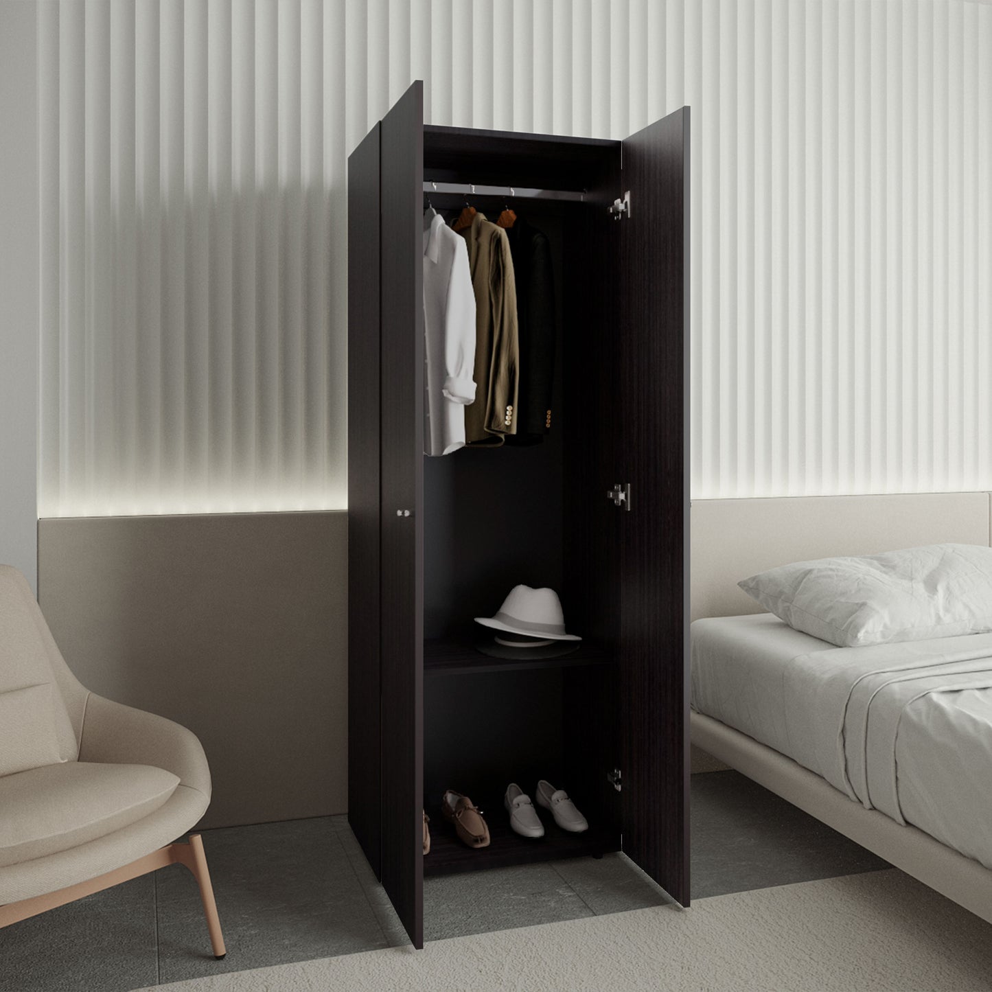 Home 2 Doors Closet System Armoire, Hanging Rod and Storage Shelf, Modern Armoire for Bedroom Organization Storage