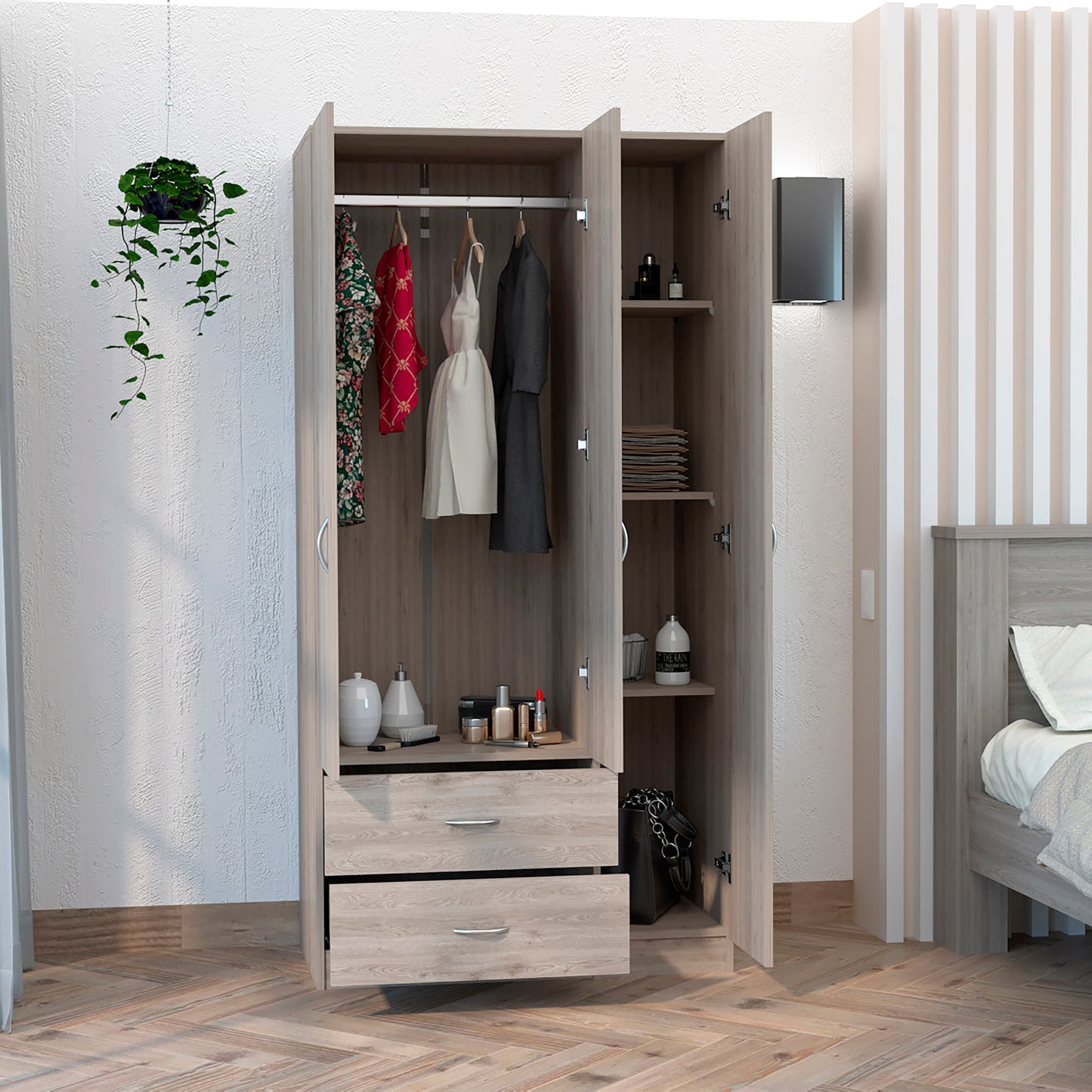 Austral 3 Doors Armoire, Metal Rod, Two Drawers, Single Door, Double Door Cabinets
