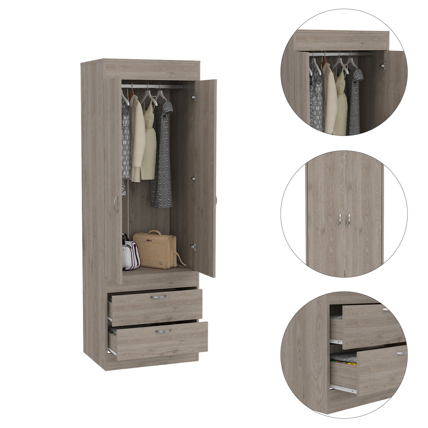 Simone Armoire, Rod, Double Door, Two Drawers, Metal Handles