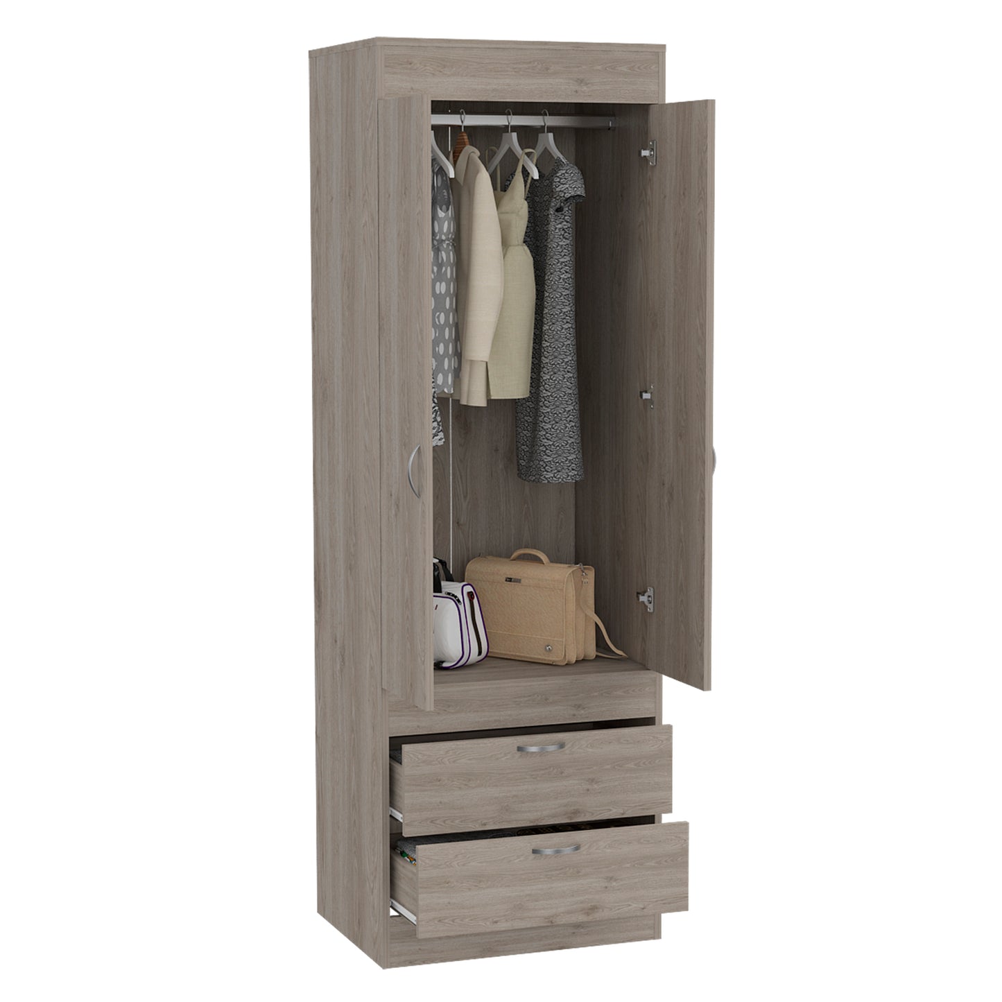 Simone Armoire, Rod, Double Door, Two Drawers, Metal Handles