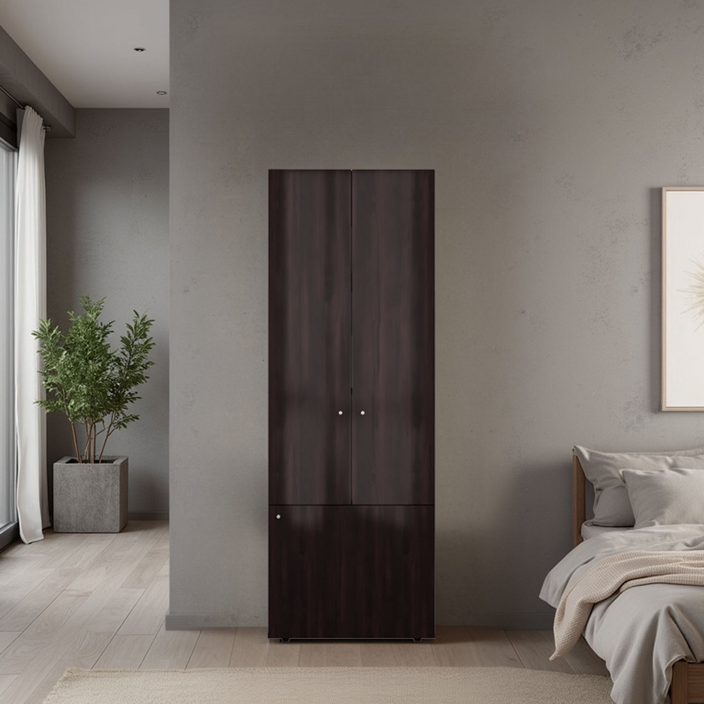 Home 3 Door Closet System with Hanging Rod for clothes and interior Shelves, Manufactured Wood Freestanding Bedroom Storage, Utility Room or Laundry Room Furniture