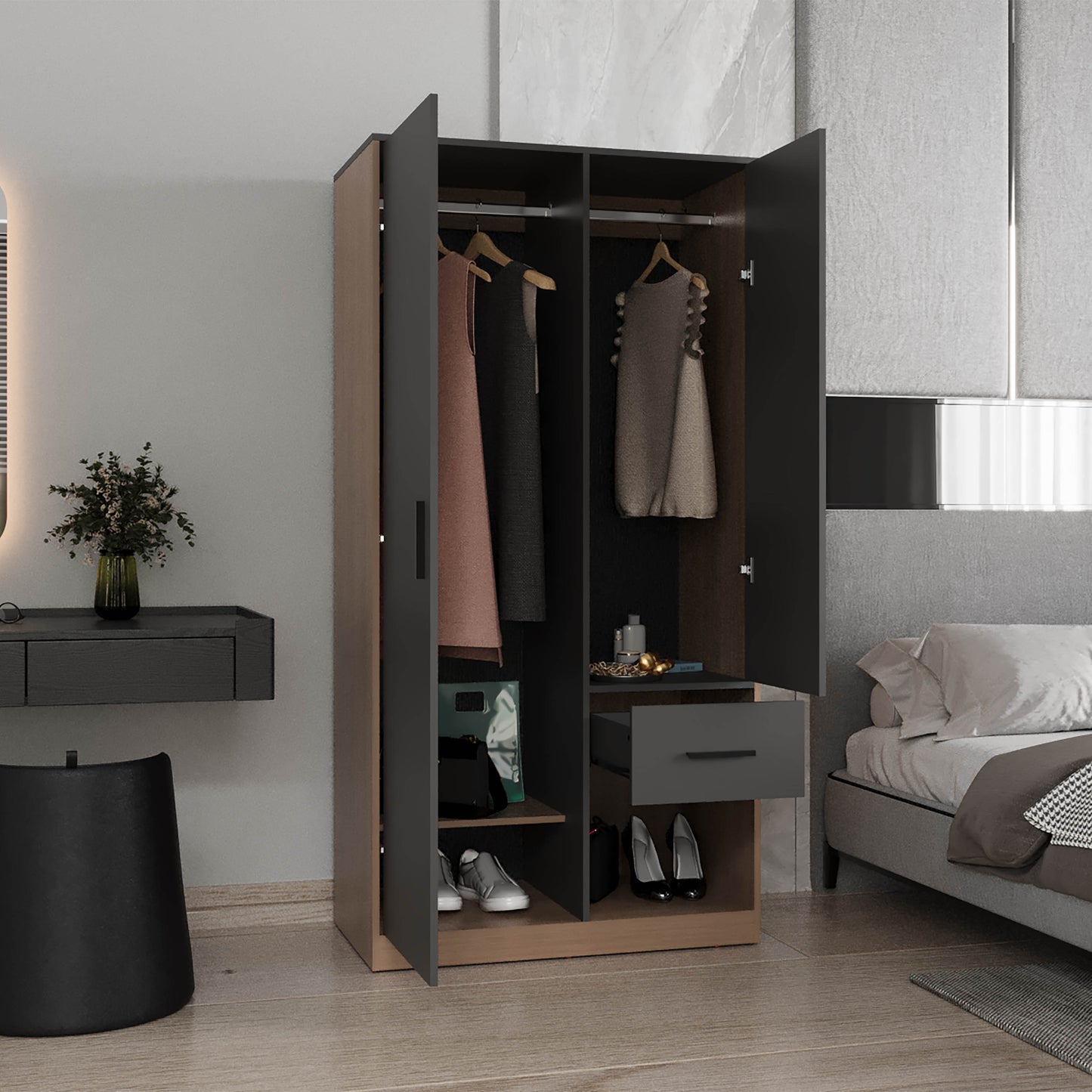 Alder 2-Door One Drawer Amoire With 2 Cabinets, Two Hanging Rods And Four Shelves