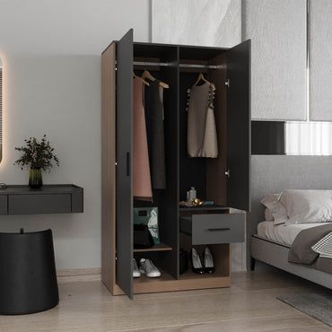 Alder 2-Door One Drawer Amoire With 2 Cabinets, Two Hanging Rods And Four Shelves