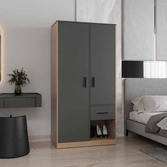 Alder 2-Door One Drawer Amoire With 2 Cabinets, Two Hanging Rods And Four Shelves