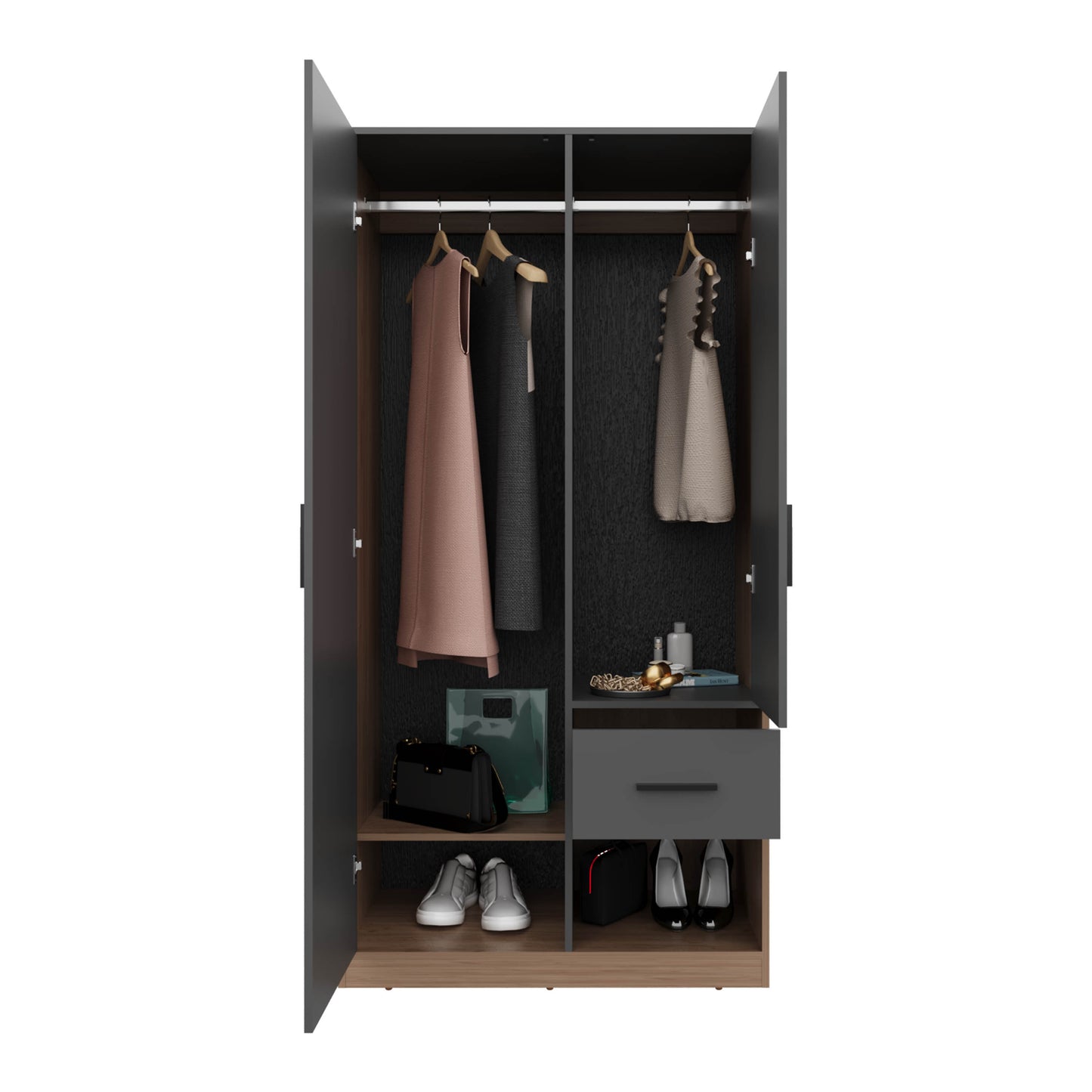 Alder 2-Door One Drawer Amoire With 2 Cabinets, Two Hanging Rods And Four Shelves