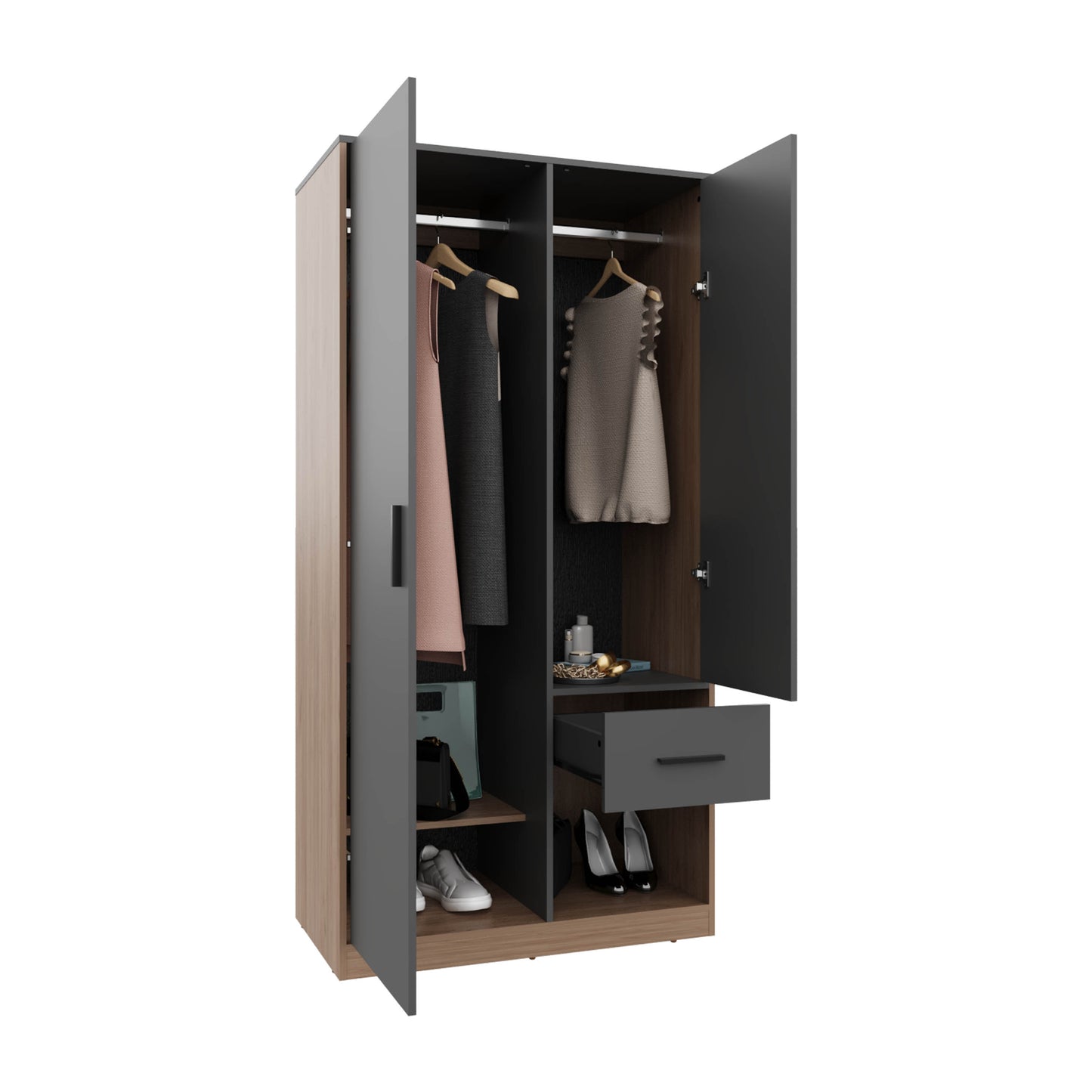 Alder 2-Door One Drawer Amoire With 2 Cabinets, Two Hanging Rods And Four Shelves