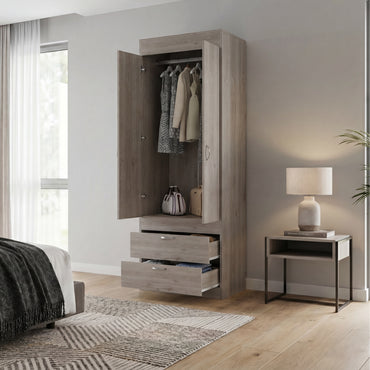 TUHOME Lisboa 2-Door Armoire with Double Door Storage, Two Spacious Drawers, Concealed Hanging Rod and Vertical Freestanding Wardrobe for Bedroom, Living Room, Kitchen or Garage Organization