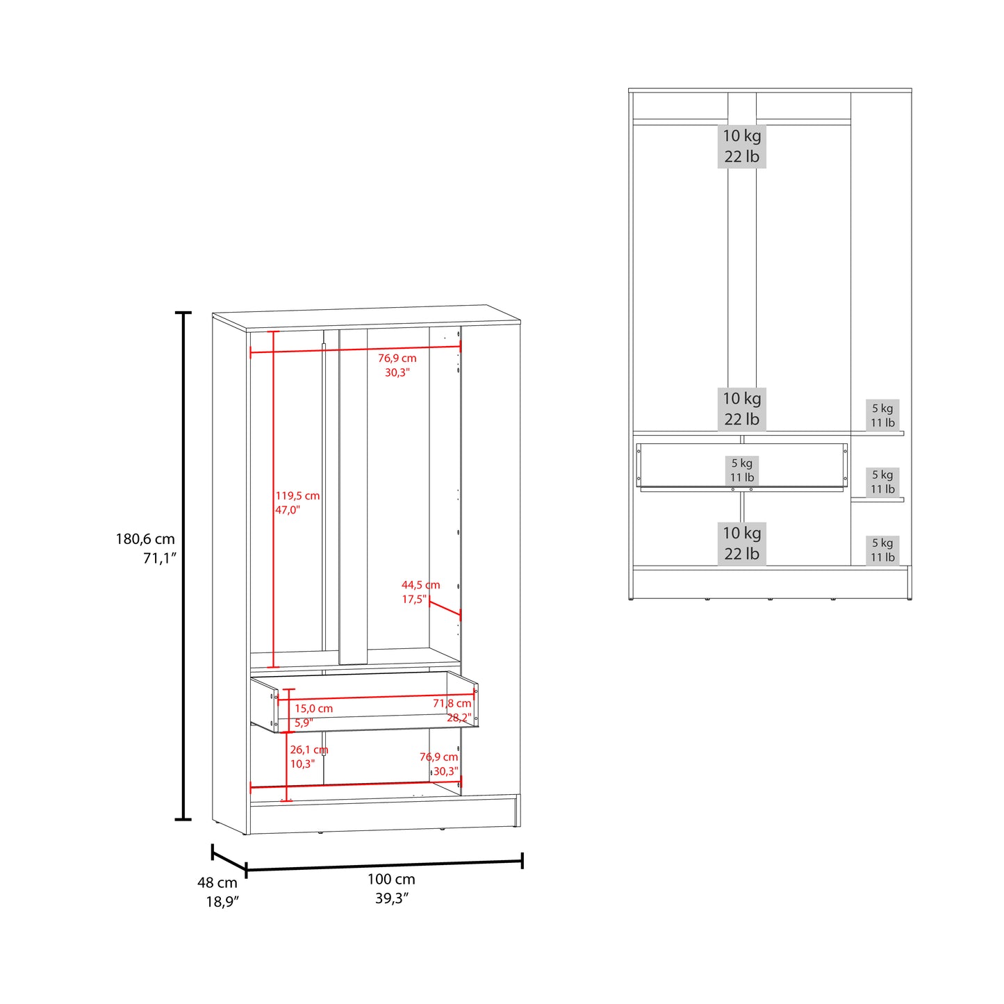 Dakota Armoire With Double Doors, Hanging Rod And Interior Shelves, Freestanding Modern Wardrobe