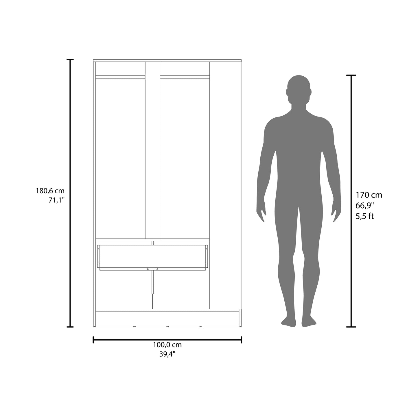 Dakota Armoire With Double Doors, Hanging Rod And Interior Shelves, Freestanding Modern Wardrobe