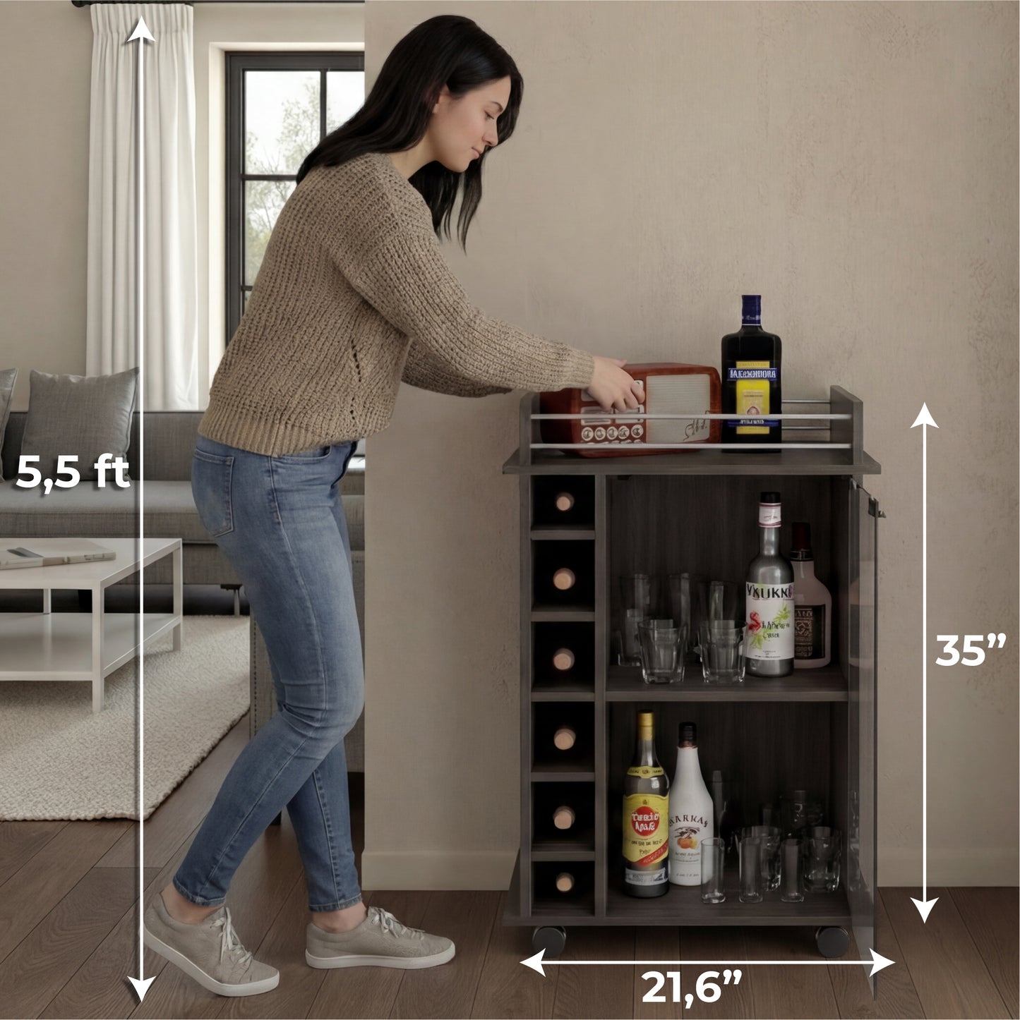 Tuhome Dukat Bar Cart with Two Shelves, Six Built-In Wine Racks, Four Casters, Modern Storage Solution for Kitchen or Dining Room