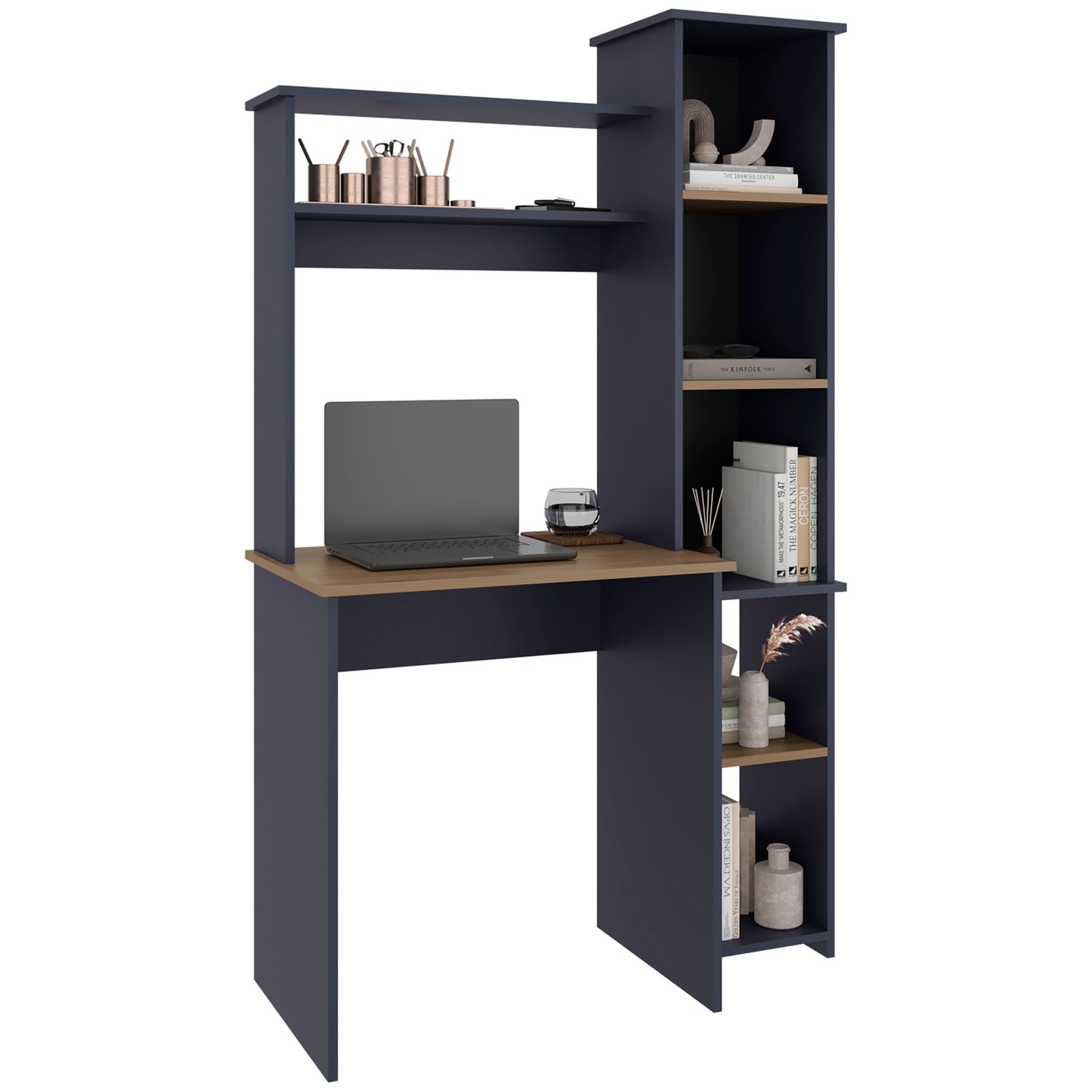 Versalles Writing Desk, Modern Studio or Office Desk, Two Superior Shelves, And Five Side Open Shleves For Books Organization