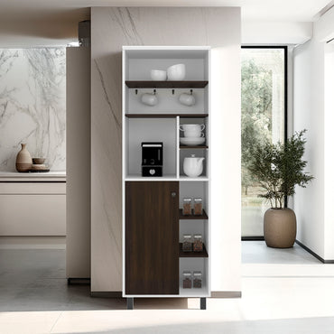 Carajillo Tall Freestanding Coffee Station and Kitchen Cabinet with One Door Cabinet, and Eight (8) Open Shelves