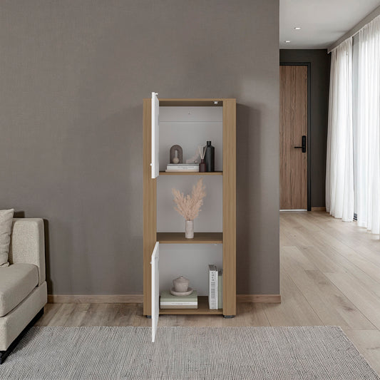 Tall wooden bookshelf with open doors in a living room setting.