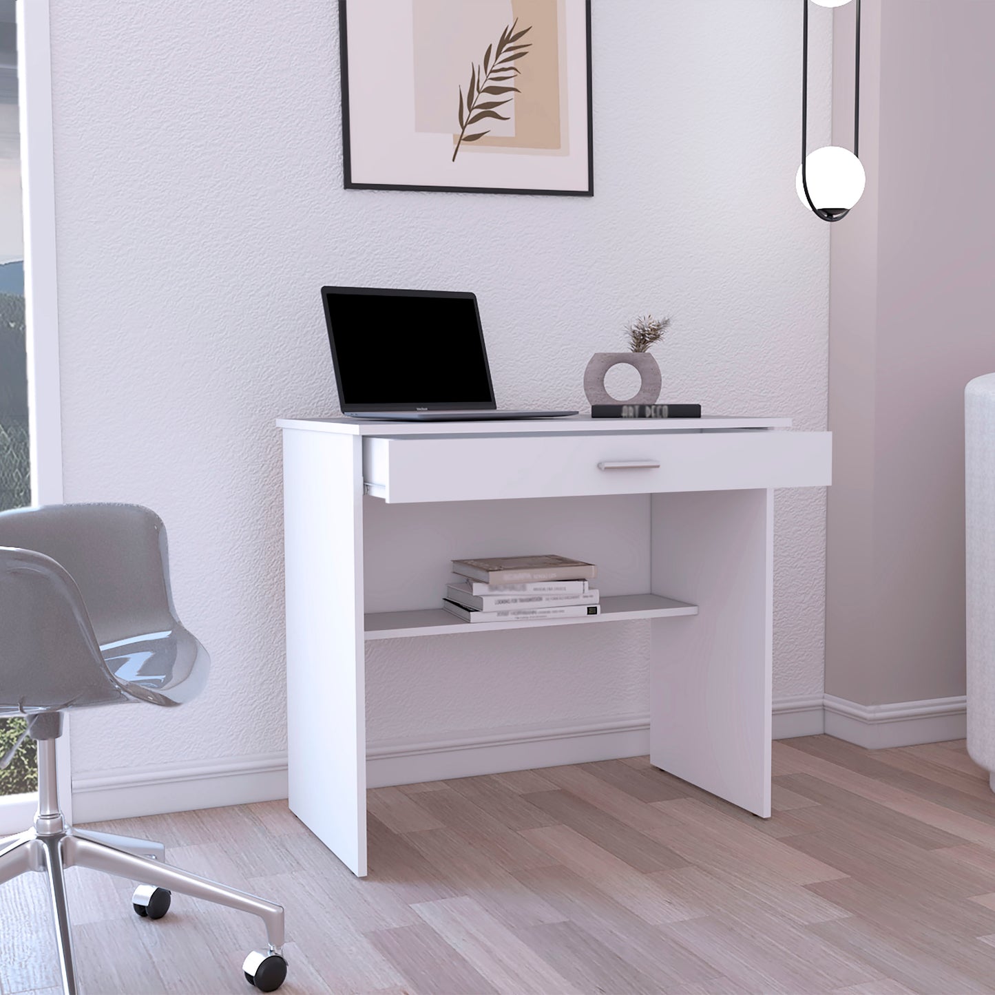 Home Writing Desk with Open Storage Top Shelf, One Drawer, Compact Design, 31” Wide Computer Desk, Ideal for Home Office