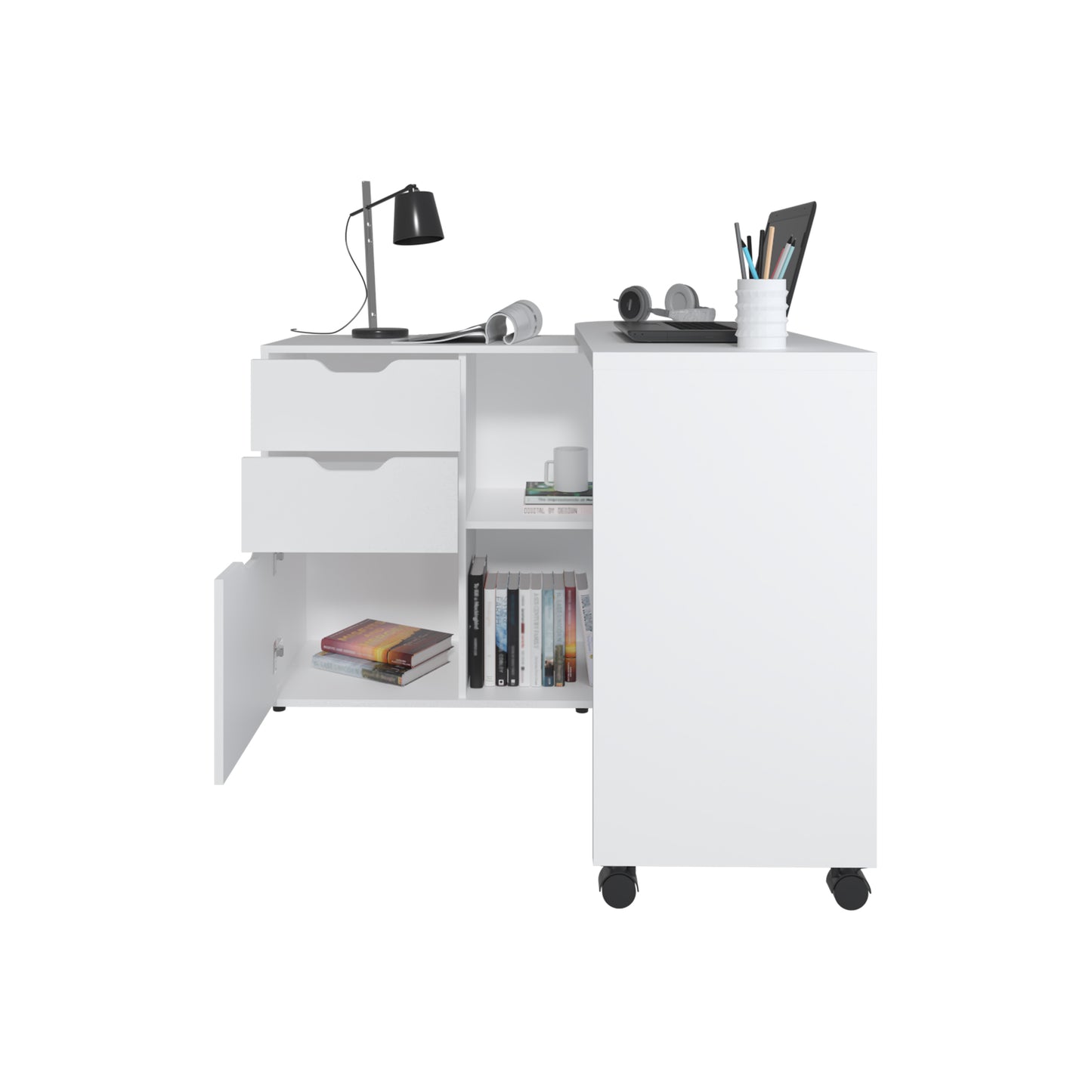 Mova Rotatable Desk With Swiveling Surface And Storage Shelves