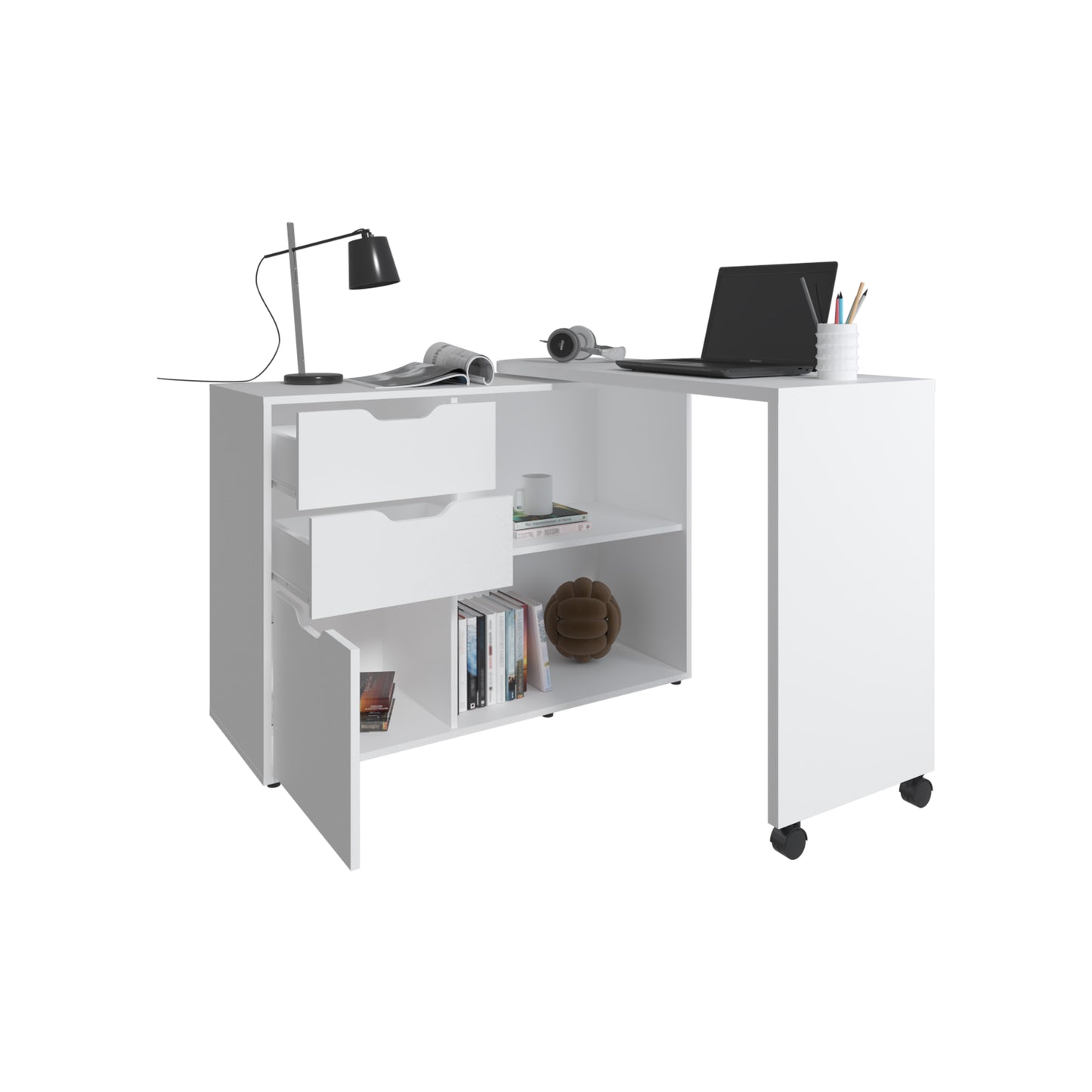 Mova Rotatable Desk With Swiveling Surface And Storage Shelves