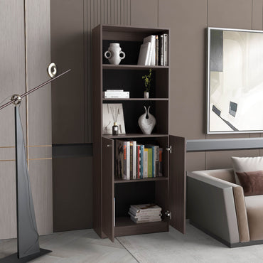 Home Two-Door Bookcase with 2 Open Shelves and Concealed Storage, Tall Modern Bookcase in Rich Stained Walnut, Elegant Display and Organizational Solution for Books and Décor with Hidden Storage