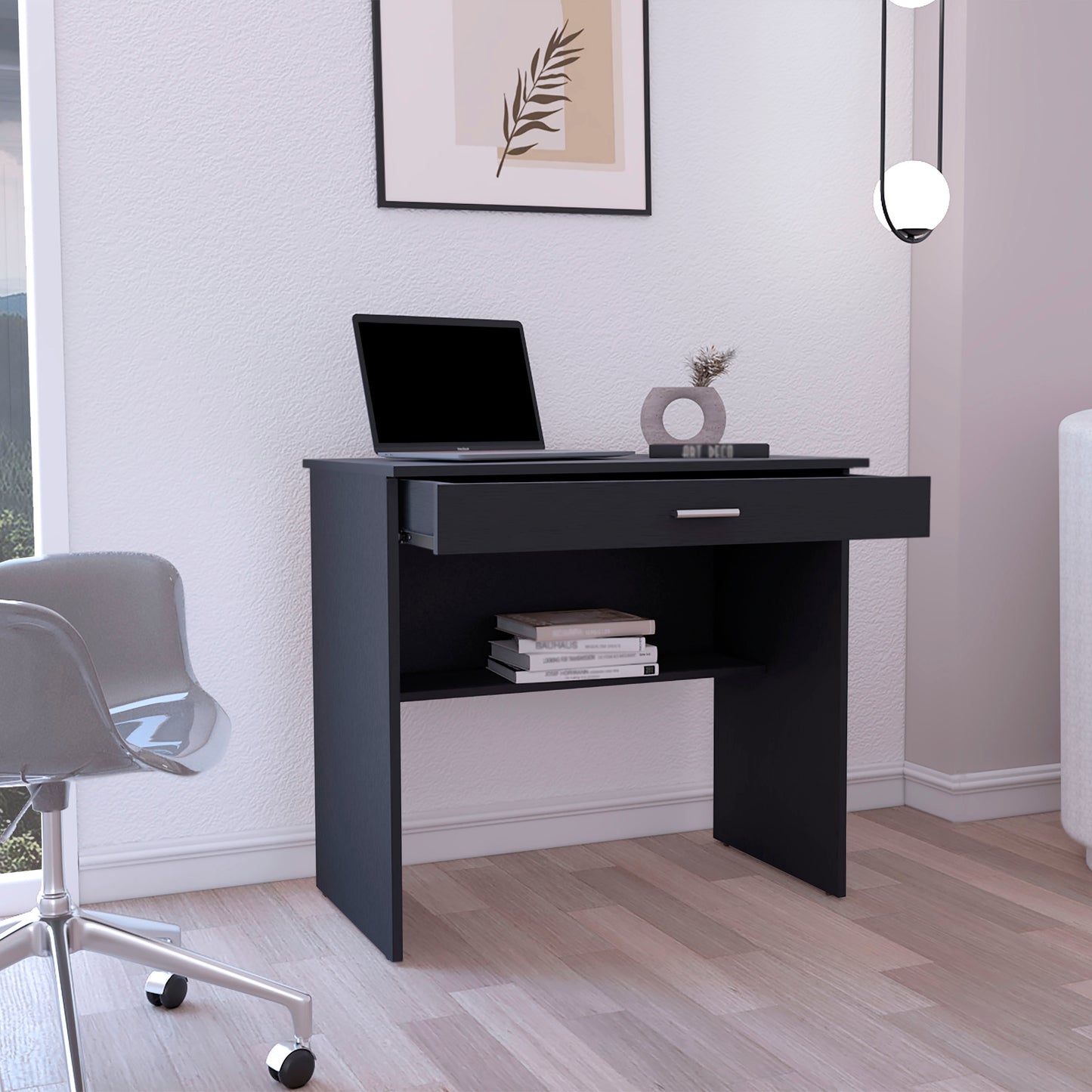 Home Writing Desk with Open Storage Top Shelf, One Drawer, Compact Design, 31” Wide Computer Desk, Ideal for Home Office