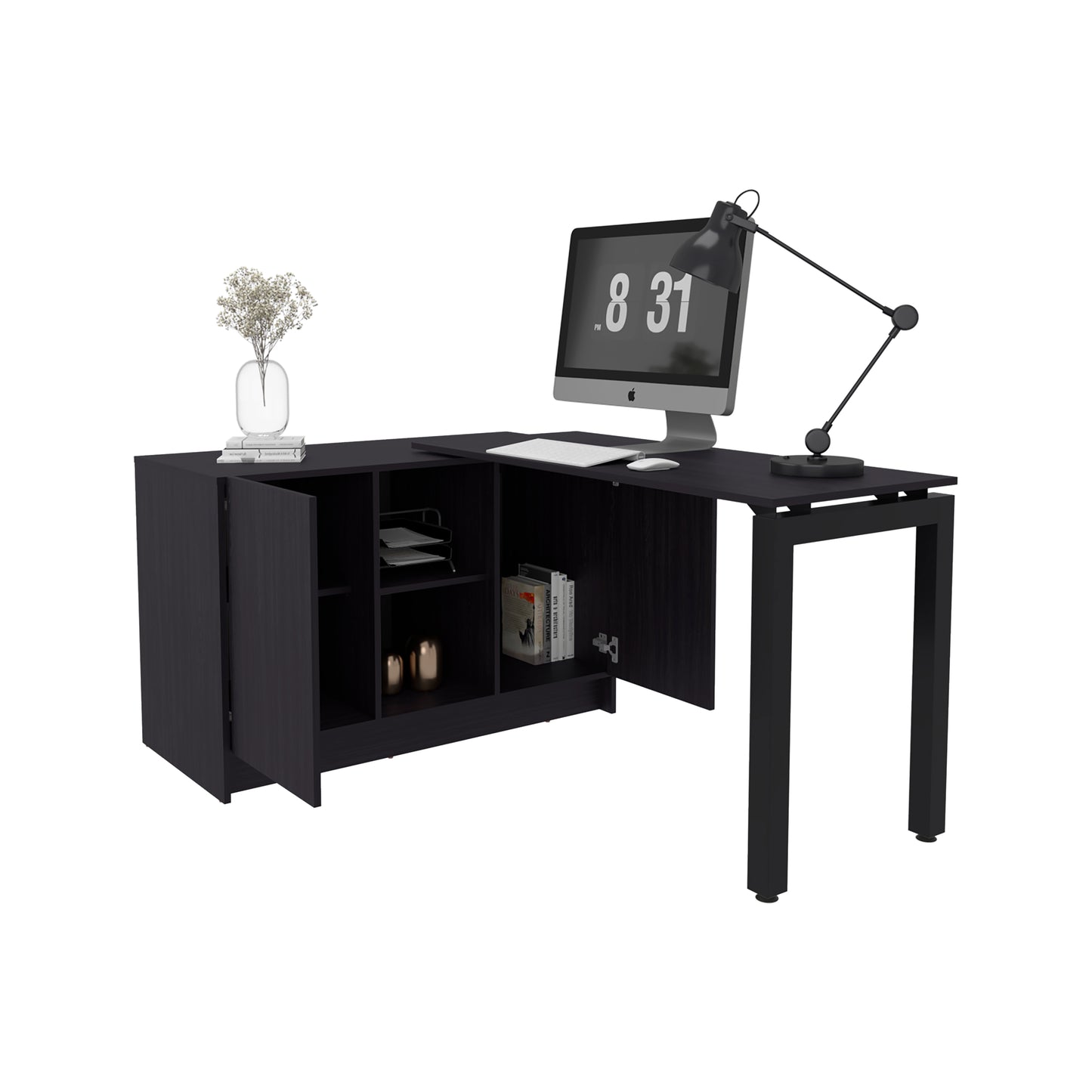 Alfie Rotable Desk 72-Inch Wide or Compact, Adjustable Workstation In Two Directions with Storage Compartments, For Home Office or Studio