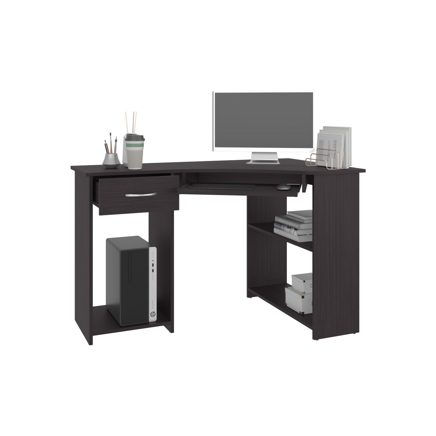 Jasper Corner Desk, Space-Saving L-Shaped Design With Two Side Shelves