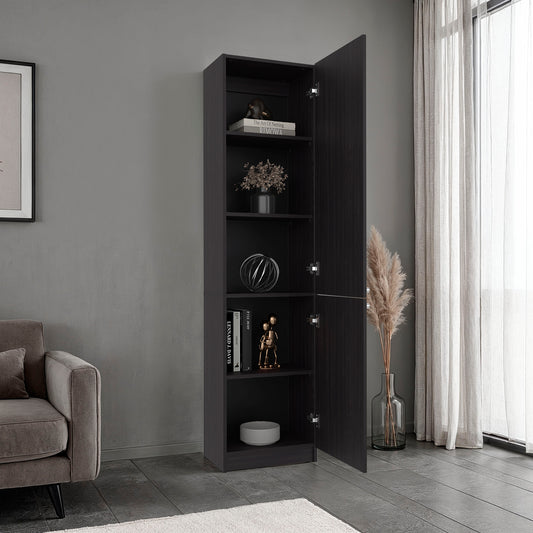 Tall black bookshelf with open doors in a modern living room.