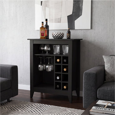 Essential Bar Cabinet with Open Display Shelf, Built-In Wine Rack Cubbies, Smooth-Glide Storage Drawer and Spacious Top Surface for Elegant Home Entertaining, Beverage Organization and Modern Bar.
