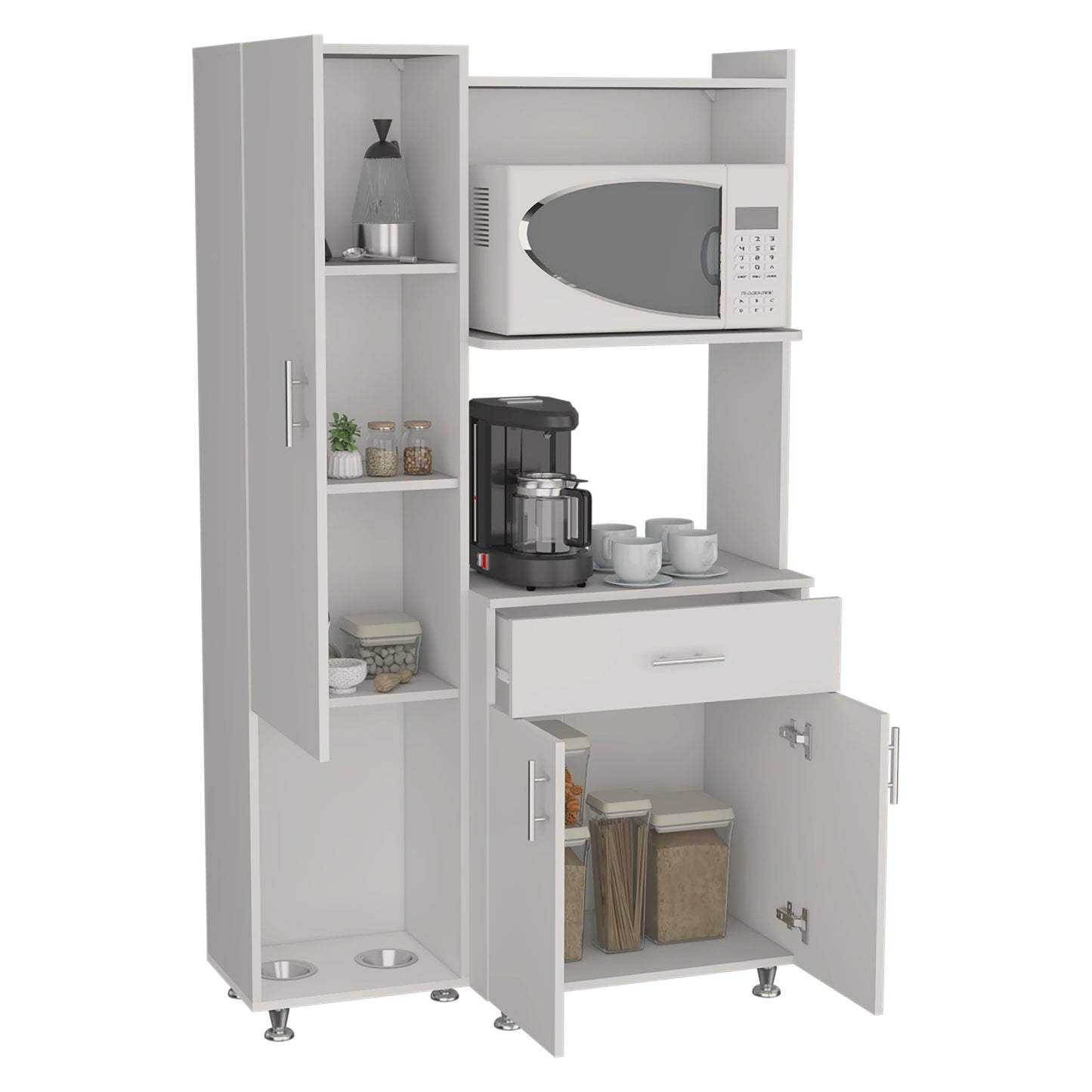 Pantress Complete Pete Kitchen Pantry and Microwave Cabinet with Three Side Storage Shelves, Built-In Pet Station, Compact Countertop, One Drawer, One Small Cabinet and, One Open Shelf