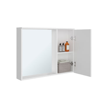 White bathroom cabinet with open door showing toiletries on a white background