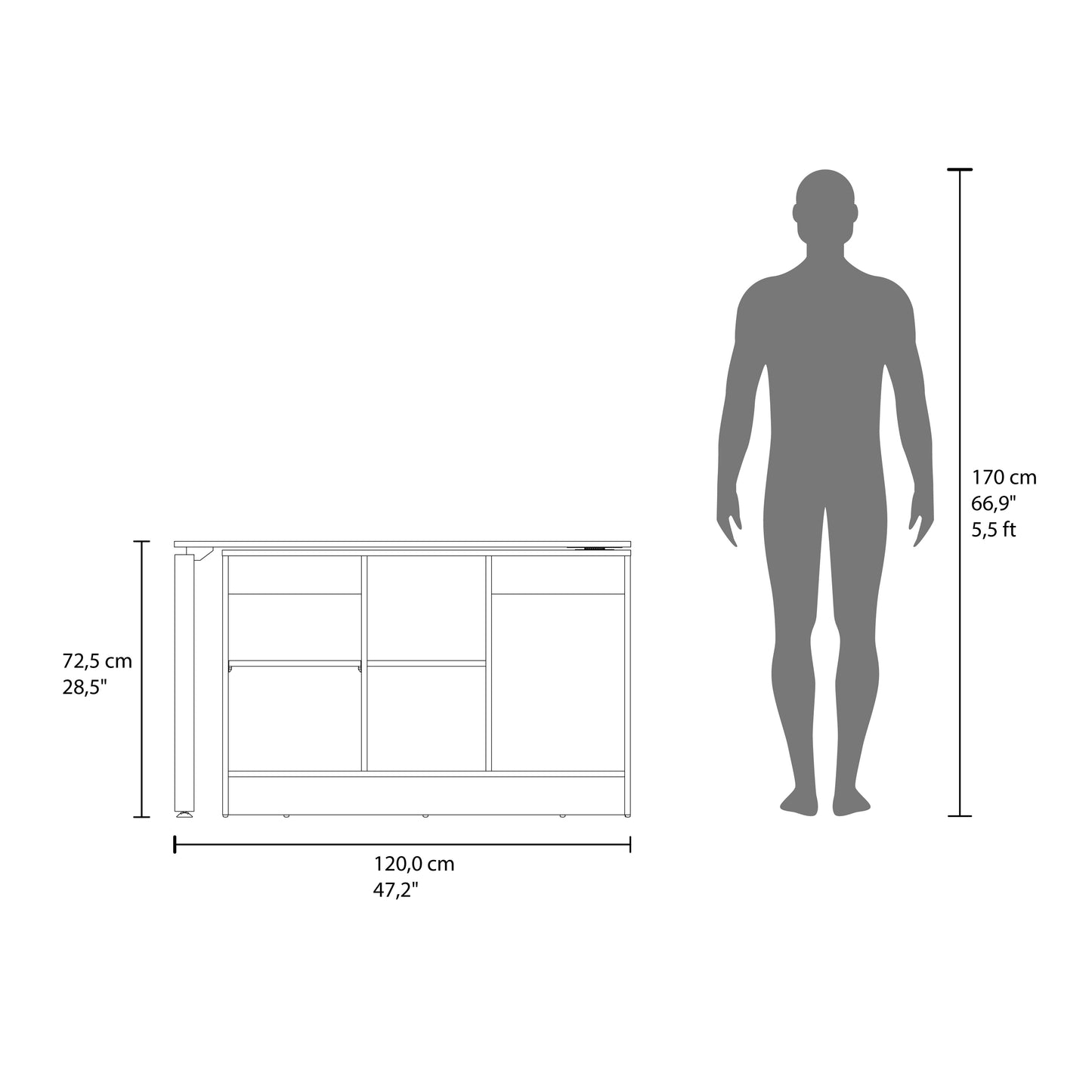 Alfie Rotable Desk 72-Inch Wide or Compact, Adjustable Workstation In Two Directions with Storage Compartments, For Home Office or Studio