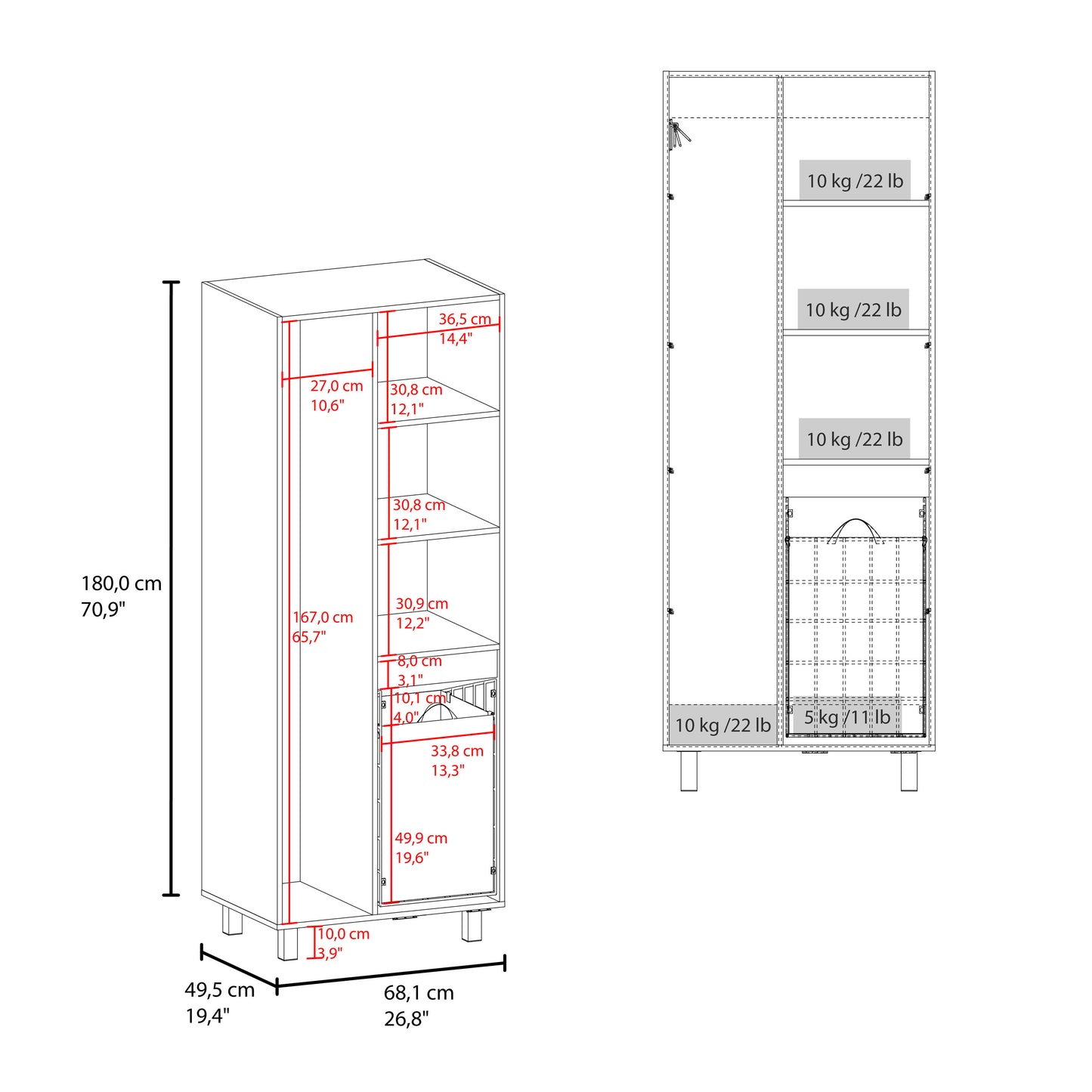 Iris 71" High Two-Door Broom Closet With Hamper , Four Shelves, Hangers, Storage Closet, Pantry Cabinet